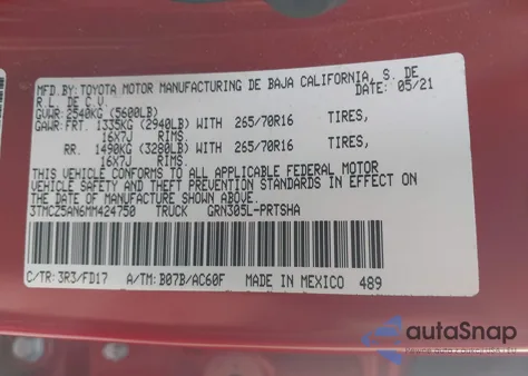 2021 Toyota Tacoma Trd Off-Road from USA, damaged, VIN 3TMCZ5AN6MM424750